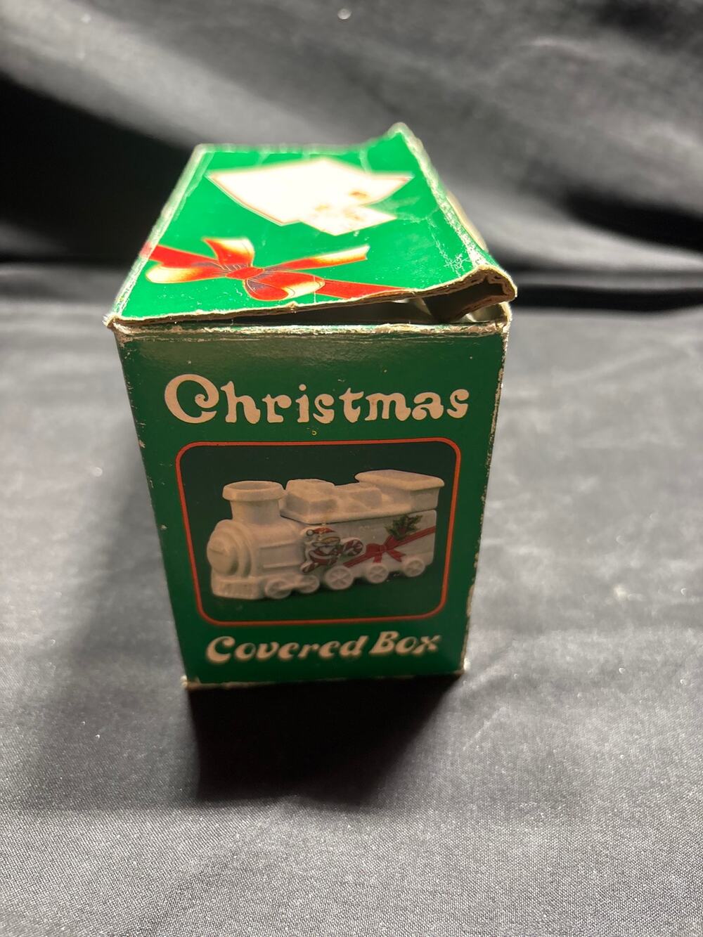 Vintage Ceramic Christmas Train Covered Box Santa Candy Cane Trinket Dish In Box